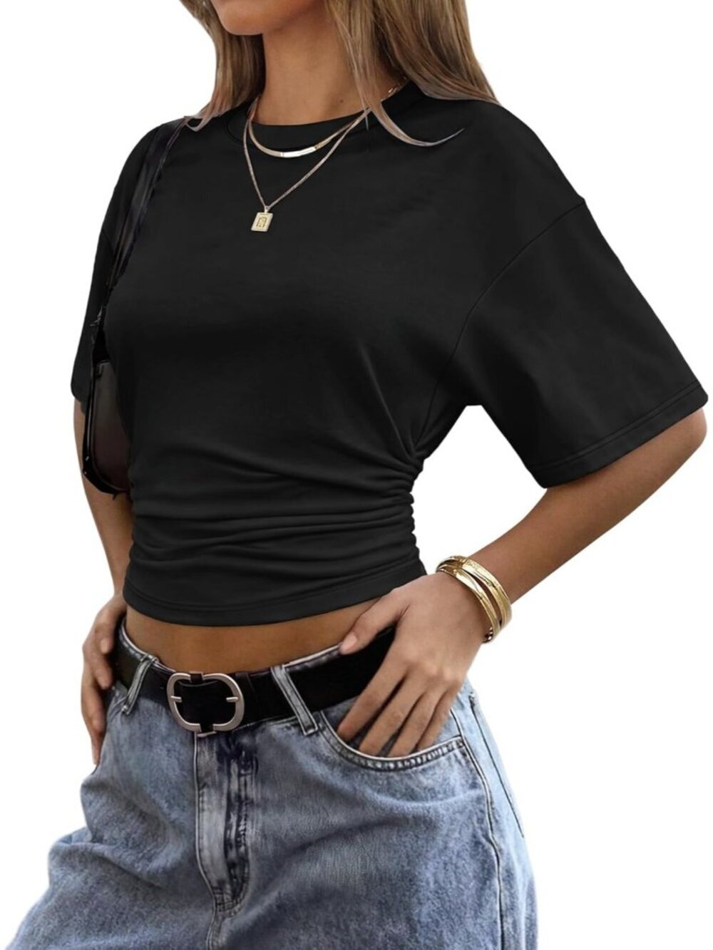〽️Women's Black Trendy Batwing Short Sleeve Ruched Waist Slim Fitted T Shirt
